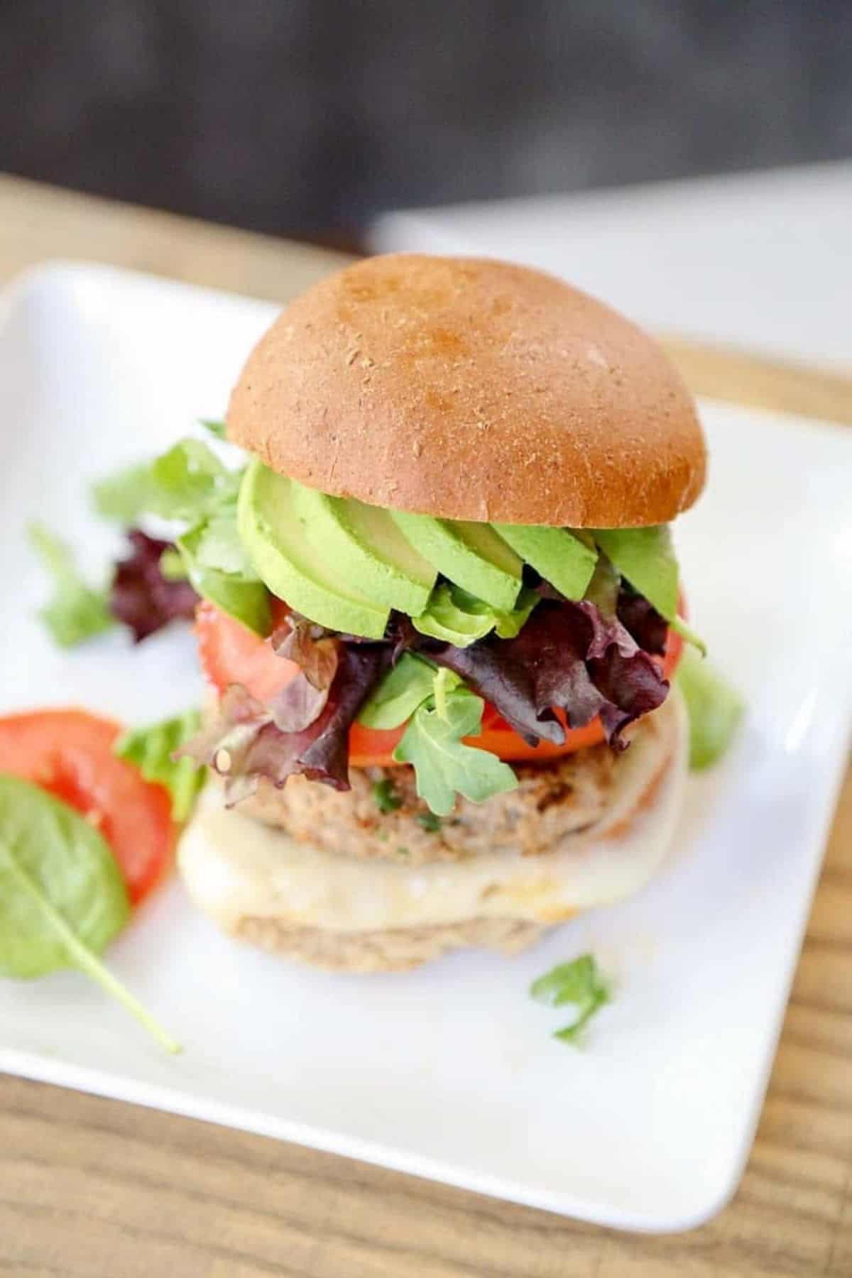 stacked turkey burger on plate