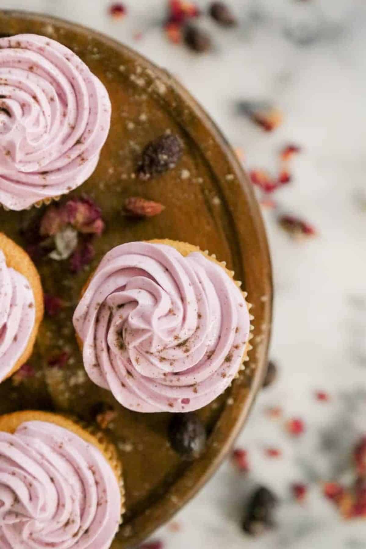 rose cardamom cupcakes on a platter