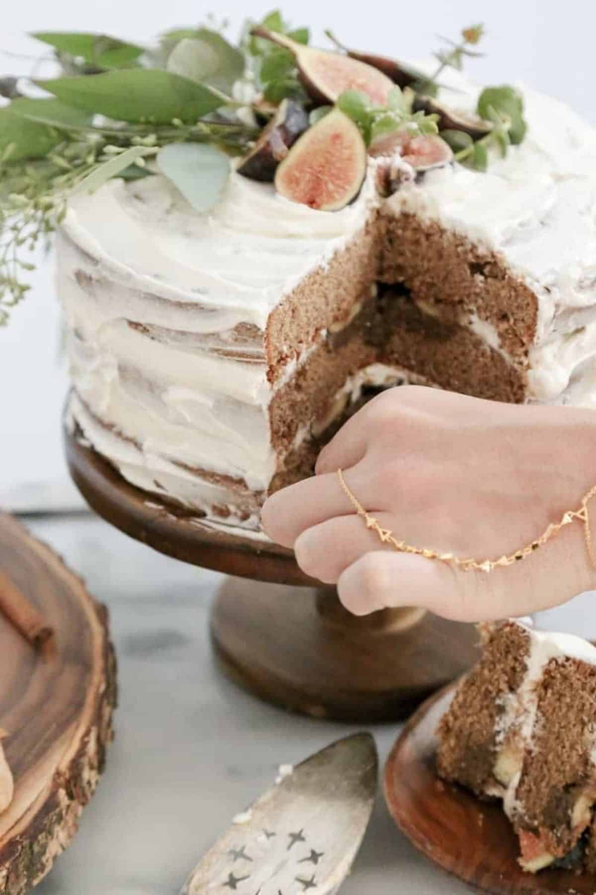 chai spiced fig cake with a cut out