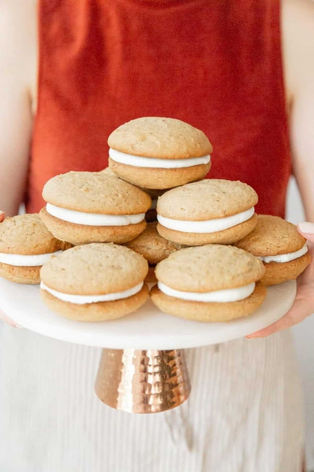 sweet potato whoopie pie on a cake stand