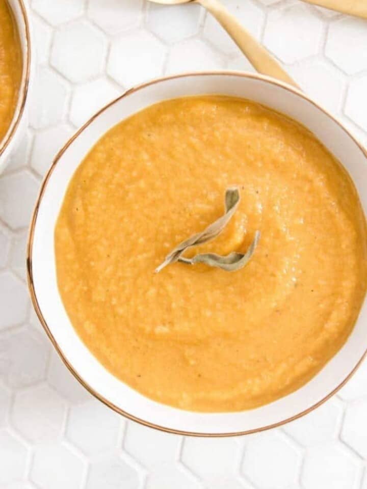 butternut squash soup on a table
