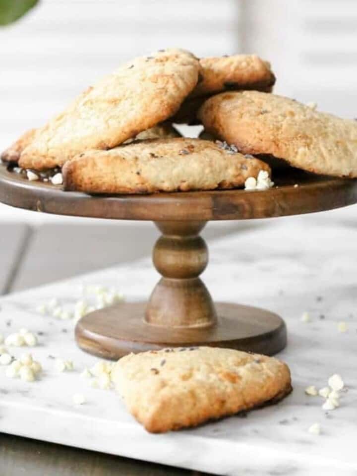 lavender white chocolate scones on cake stand