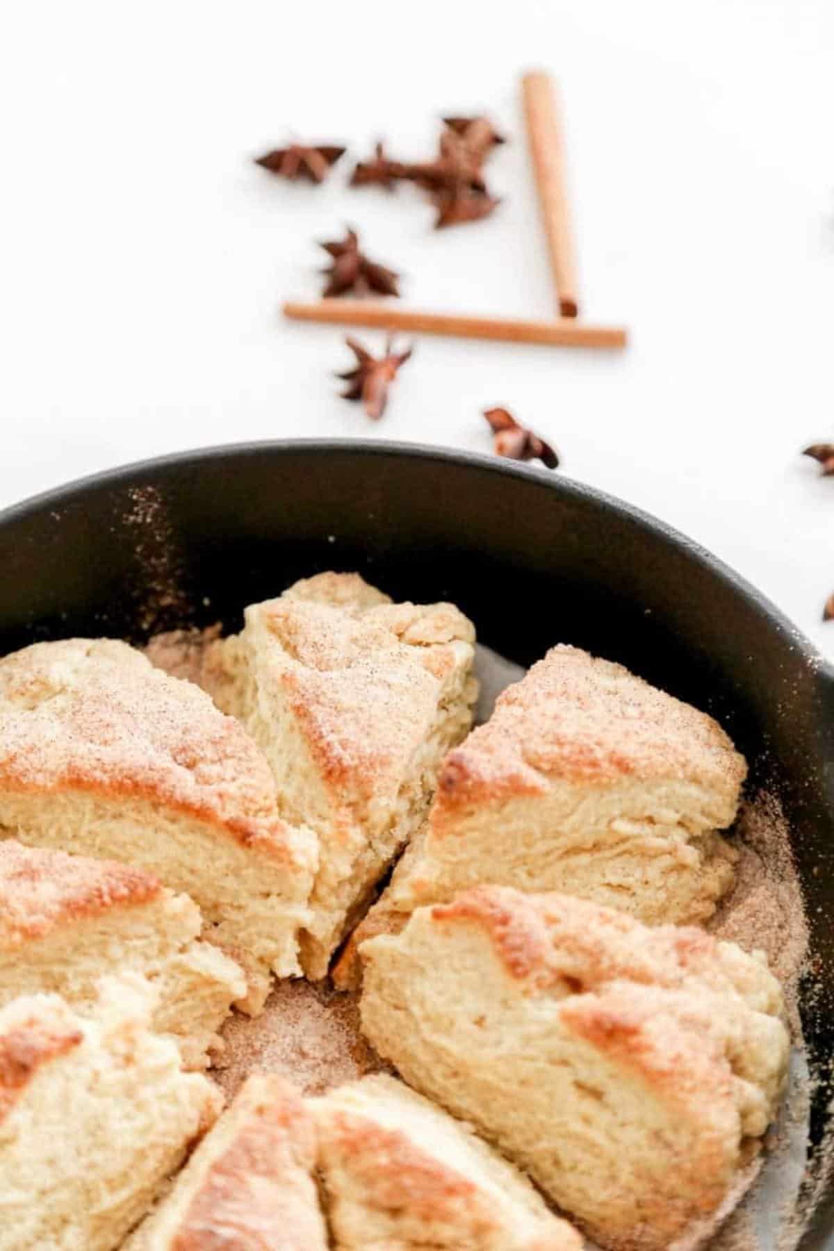 chai infused scones in a cast iron pan close up