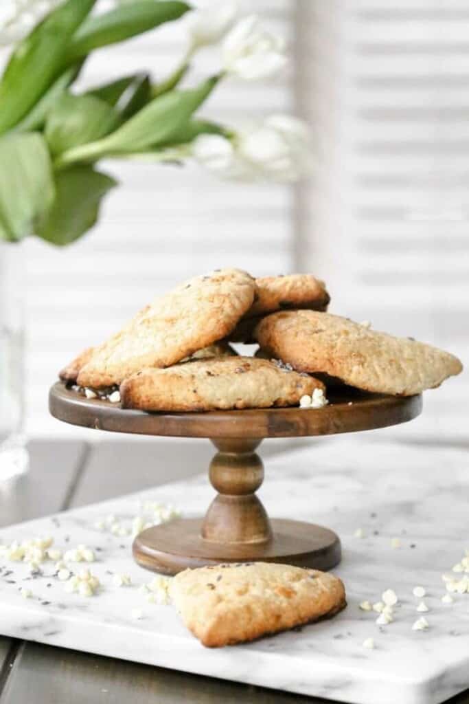 lavender white chocolate scones on cake stand