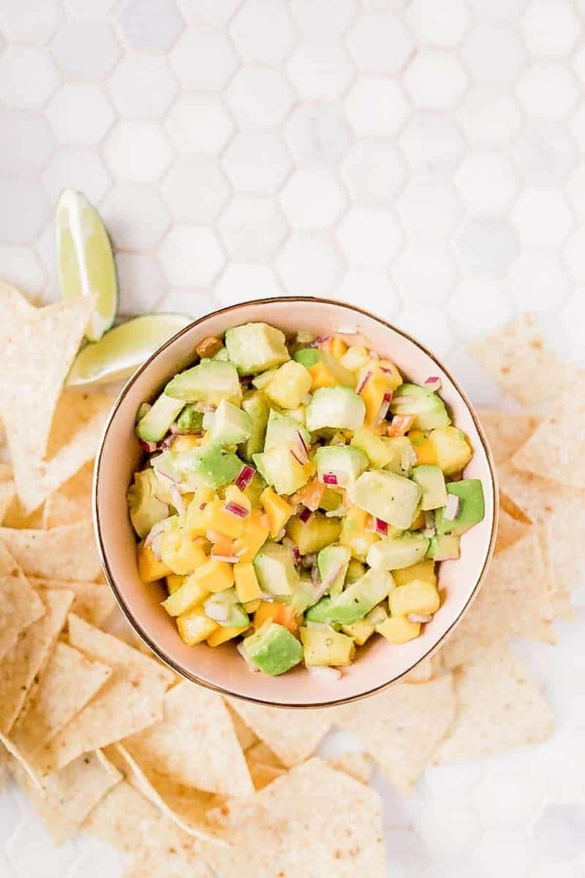 overhead of the mango pineapple salsa