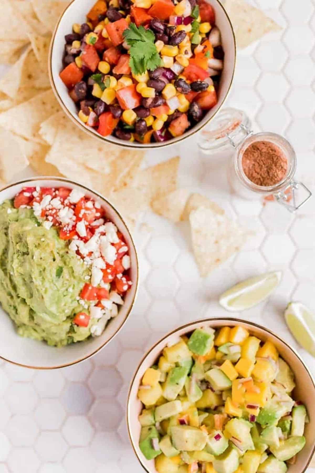 guacamole, mango salsa, black bean salsa