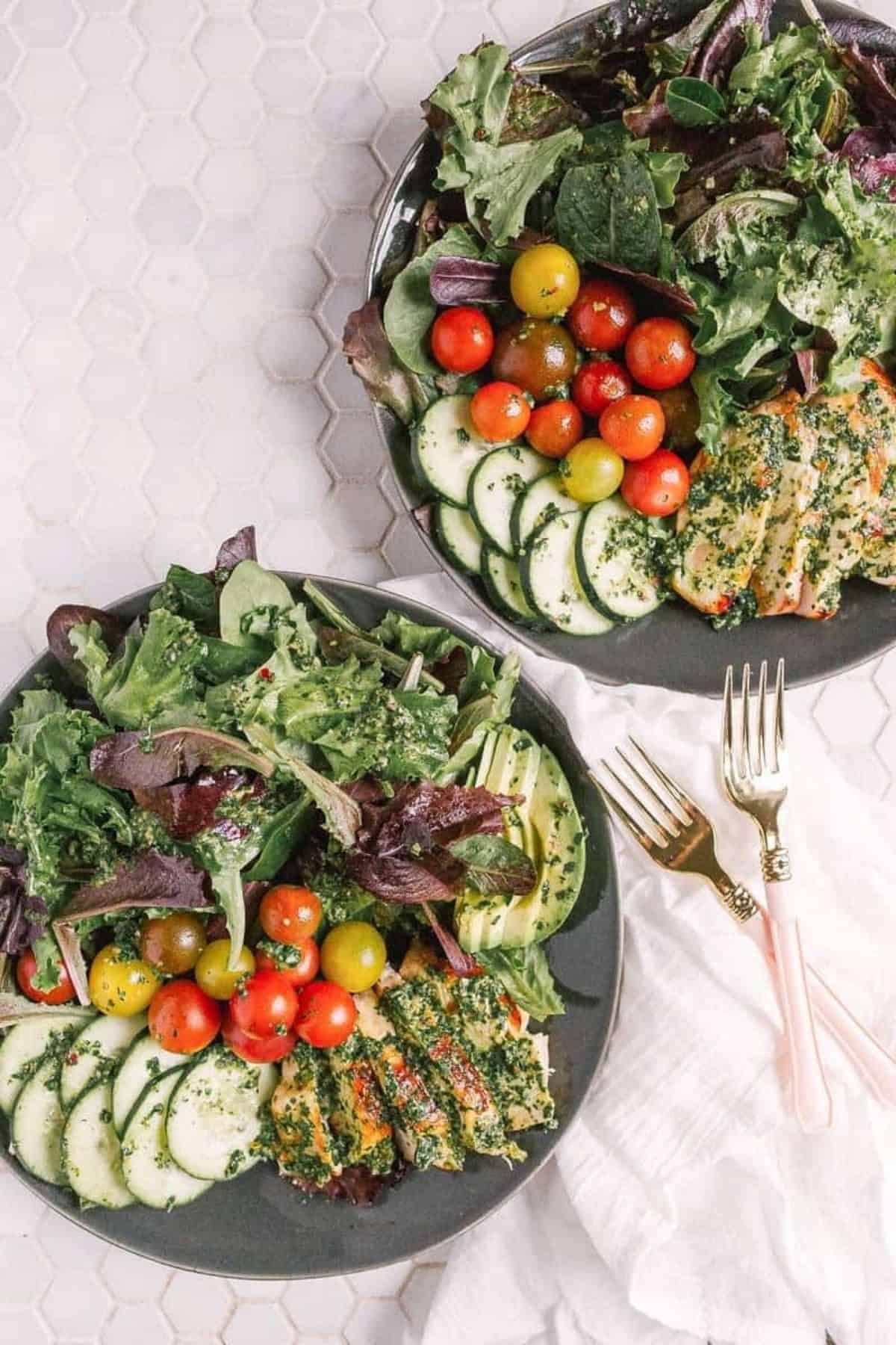 chimichurri chicken salads and forks