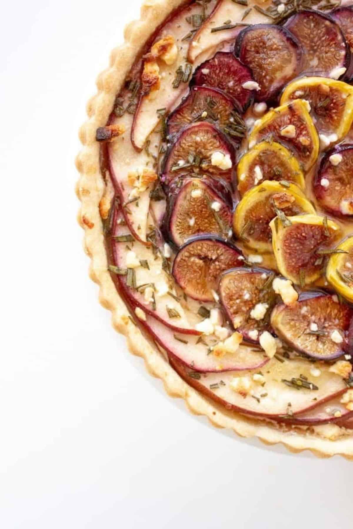 pear and fig tart close up overhead
