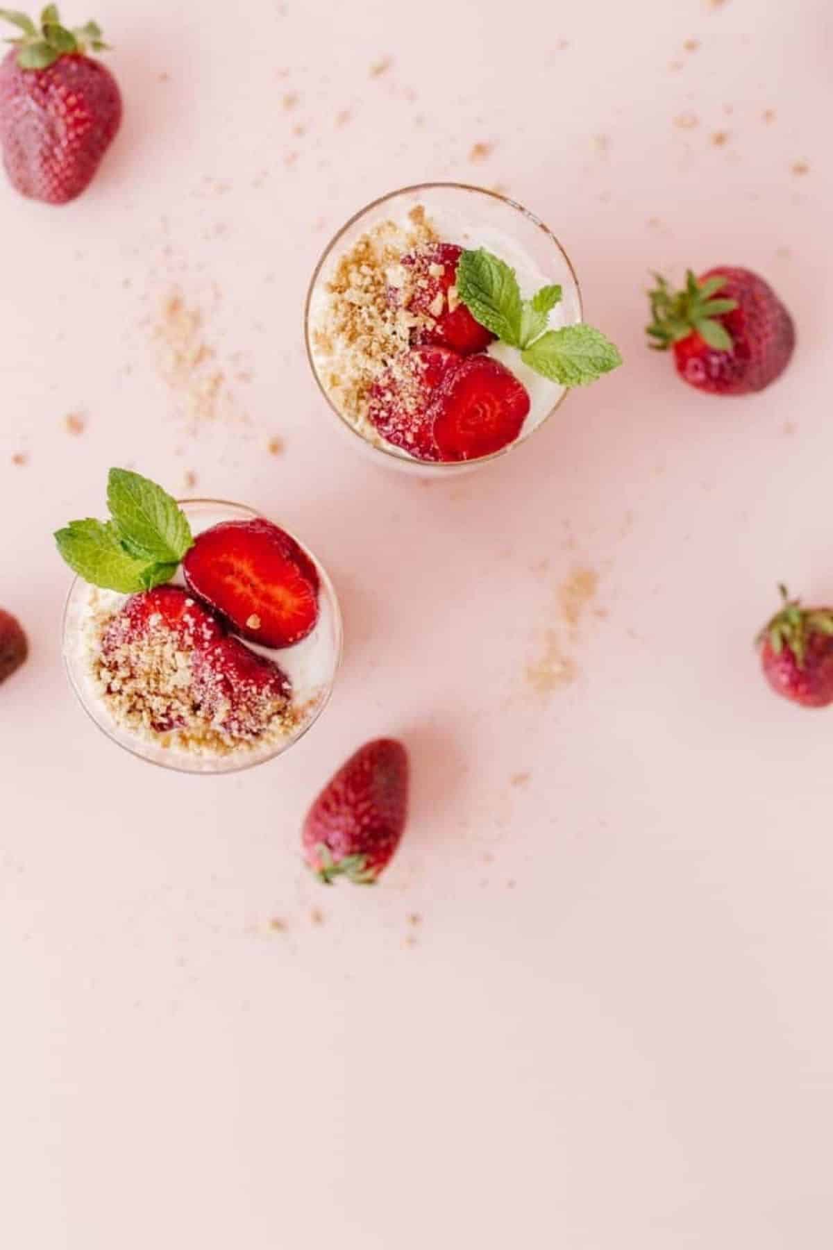Strawberries and Chamomile Mint Cream Parfait overhead