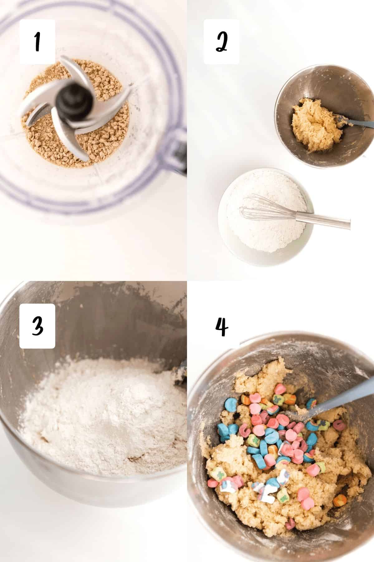 four steps of making cookies with blender in the top bowls mixing in next three images