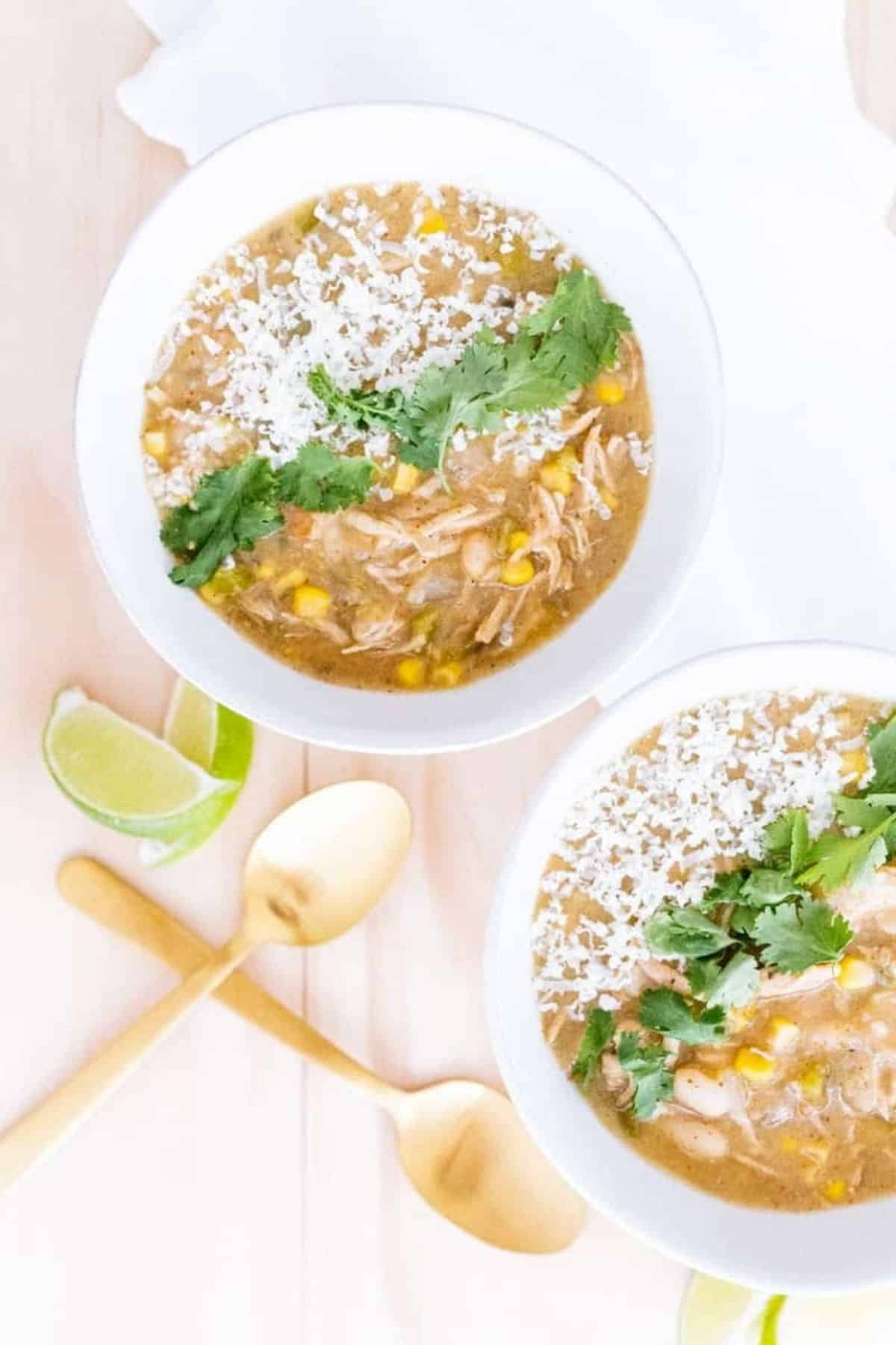 white bean turkey chili and spoons