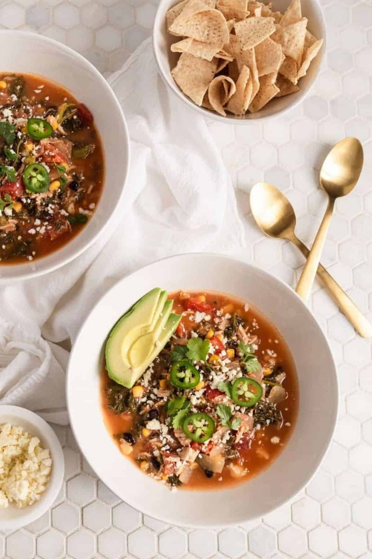 overhead of two bowls of soup