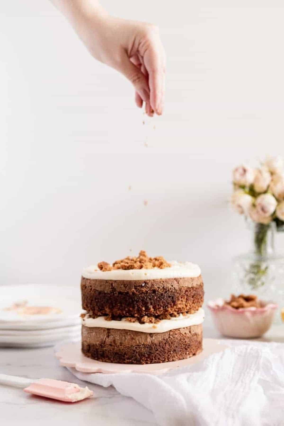 how to assemble a carrot cake two layers of cake and icing and graham cracker crumbs