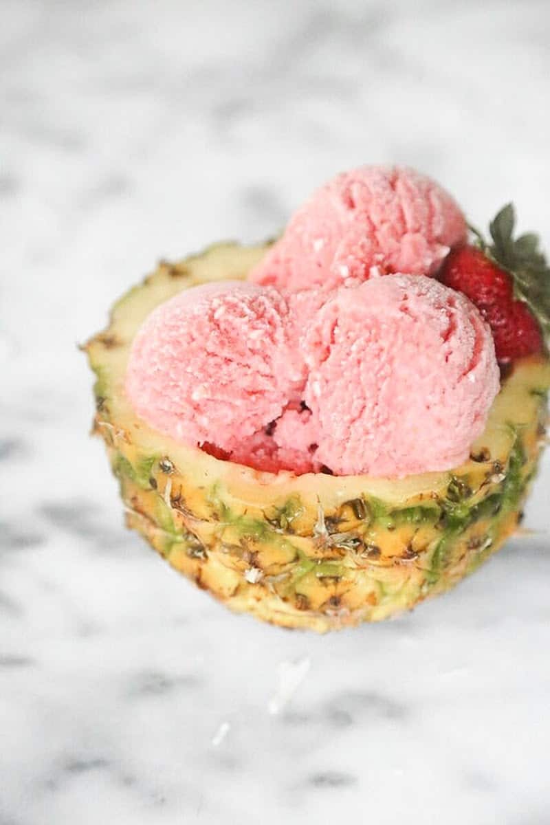 Strawberry and Pineapple Nice Cream in a pineapple bowl