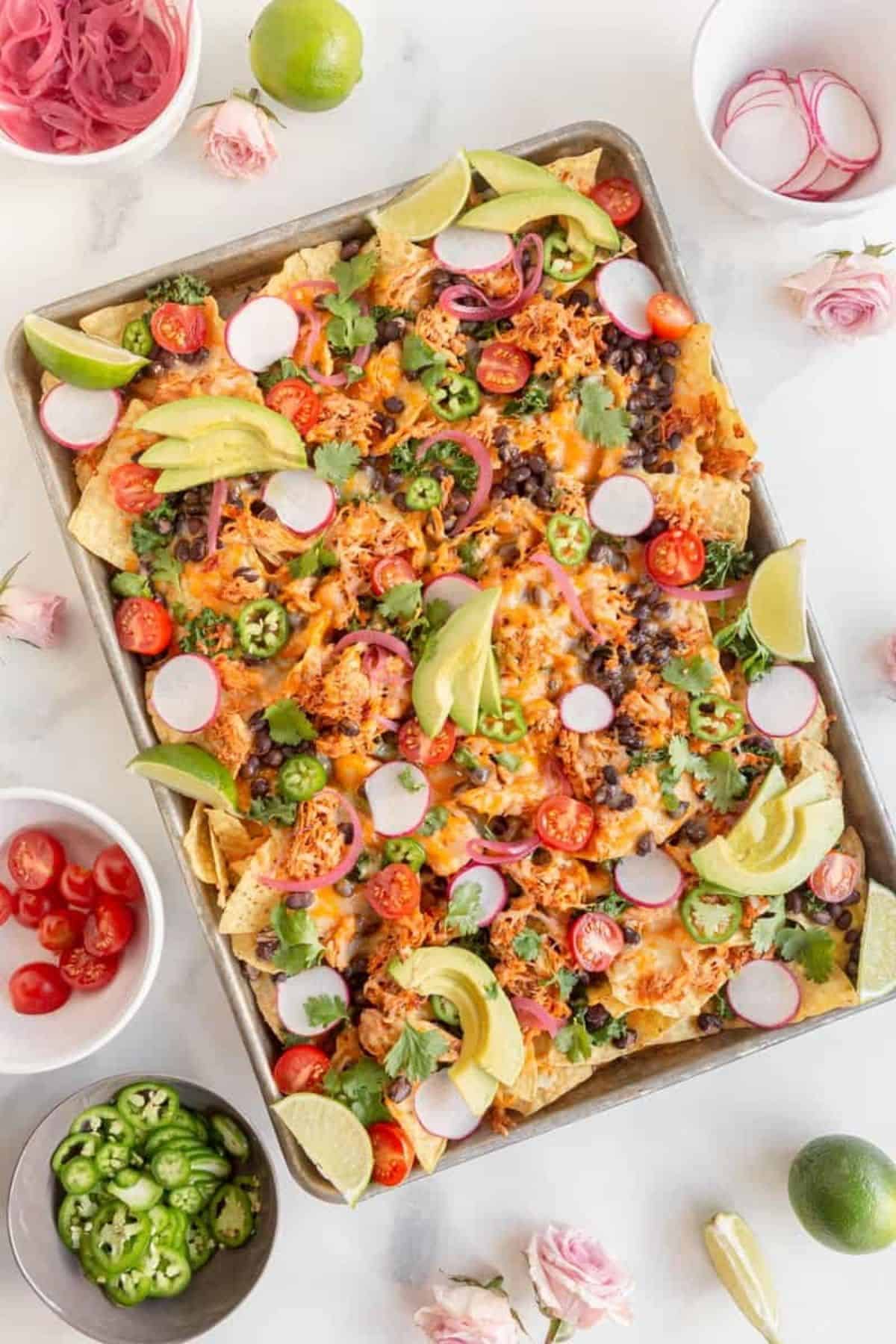 sheet pan nachos with toppings