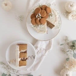 pumpkin pie spice cake with plate and flowers