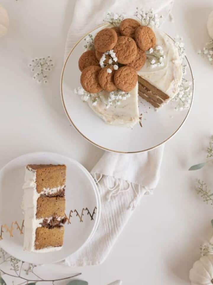 pumpkin pie spice cake with plate and flowers