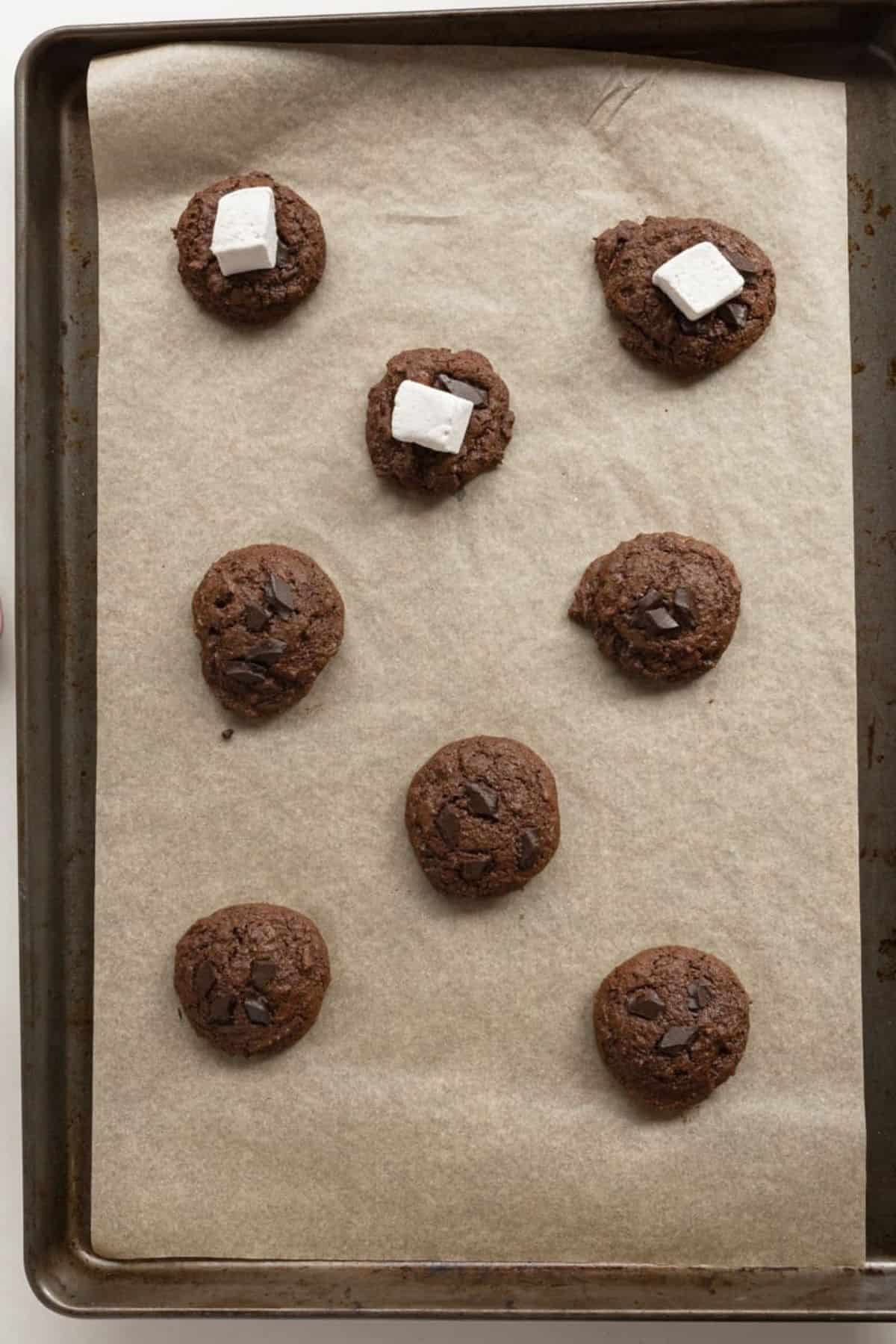 cookie dough on baking sheet pre-melted marshmallows