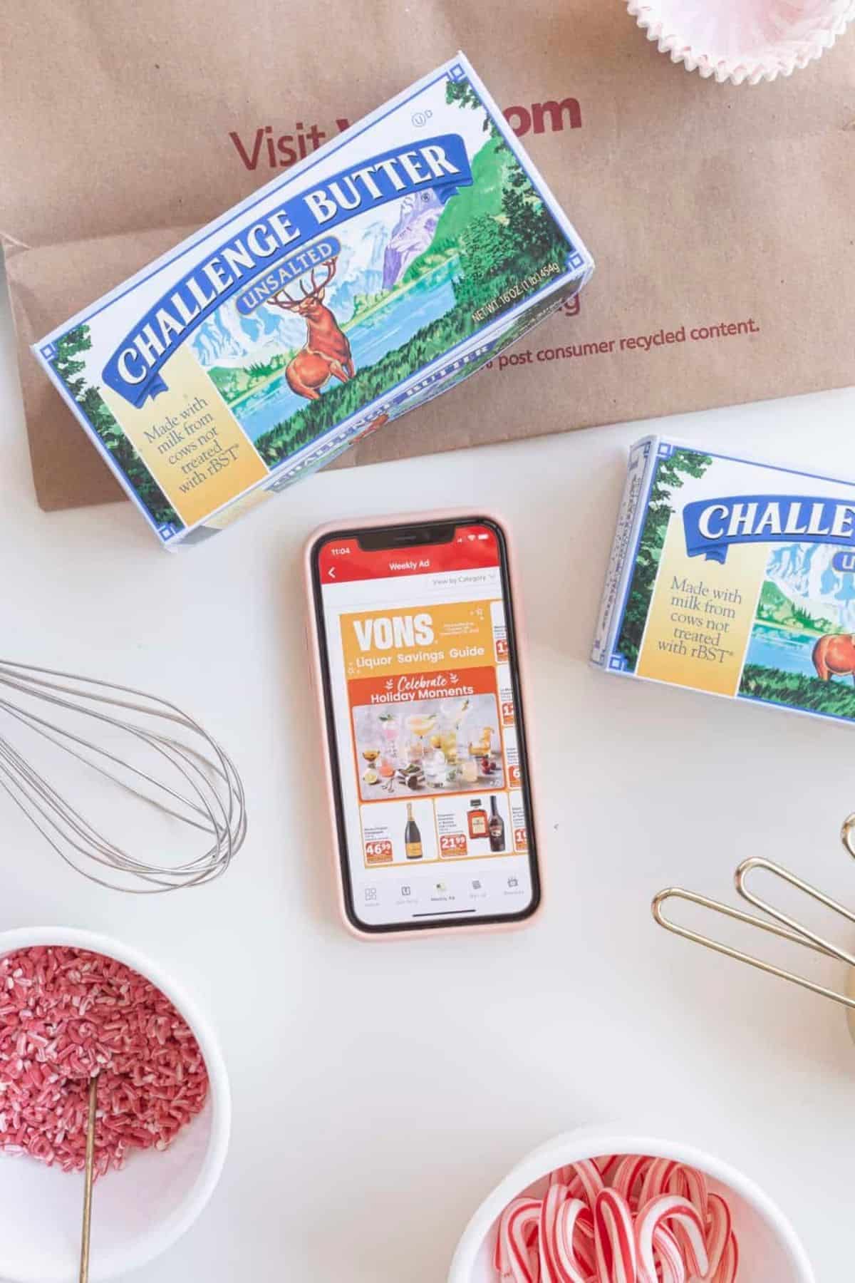 Vons app, challenge butter, and ingredients