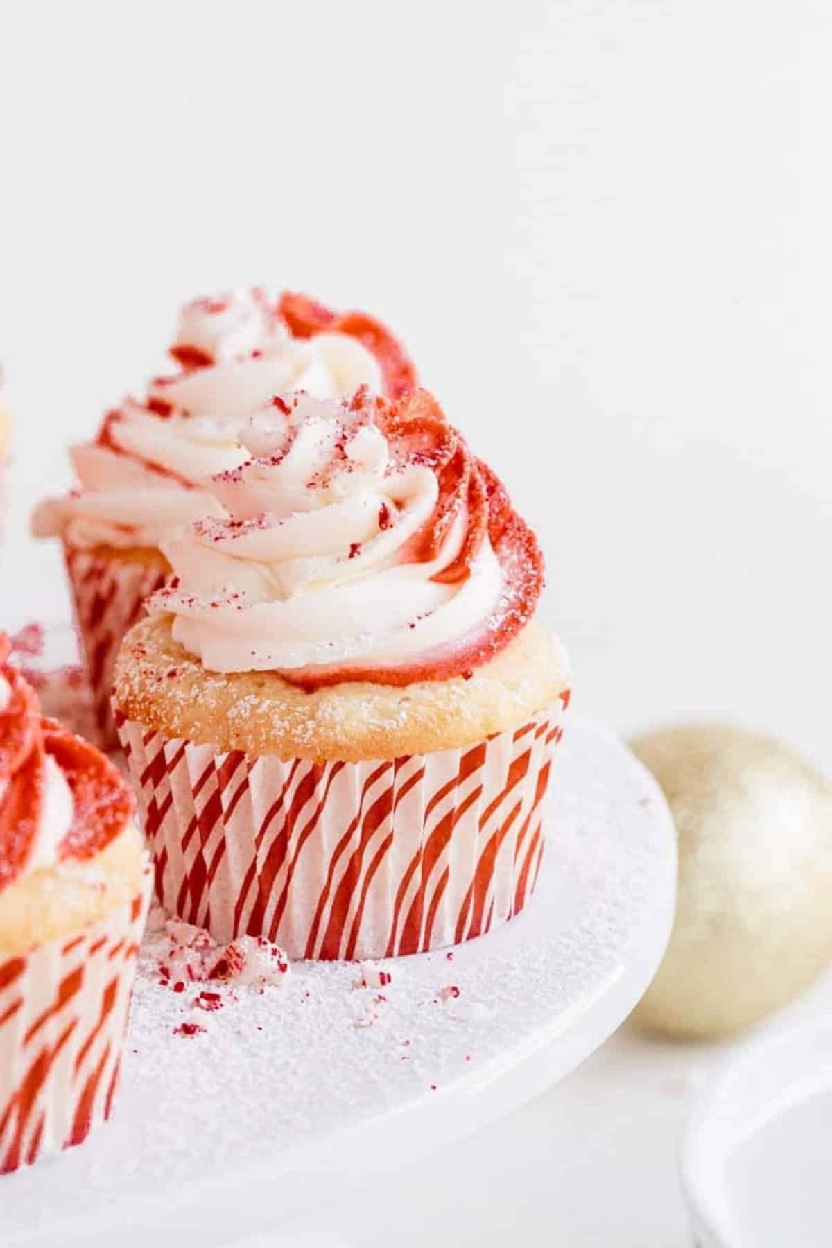 peppermint cupcakes on cake stand
