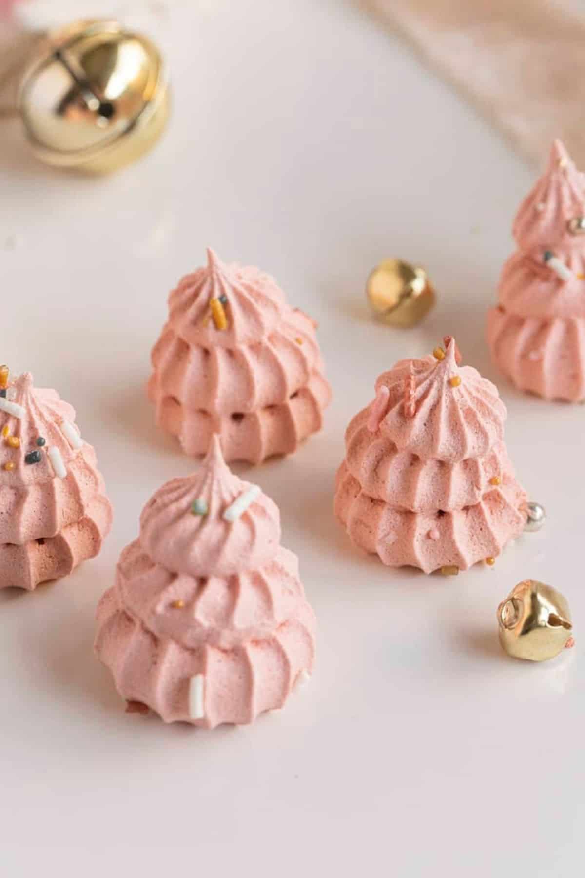 Christmas tree pink meringue candies close up