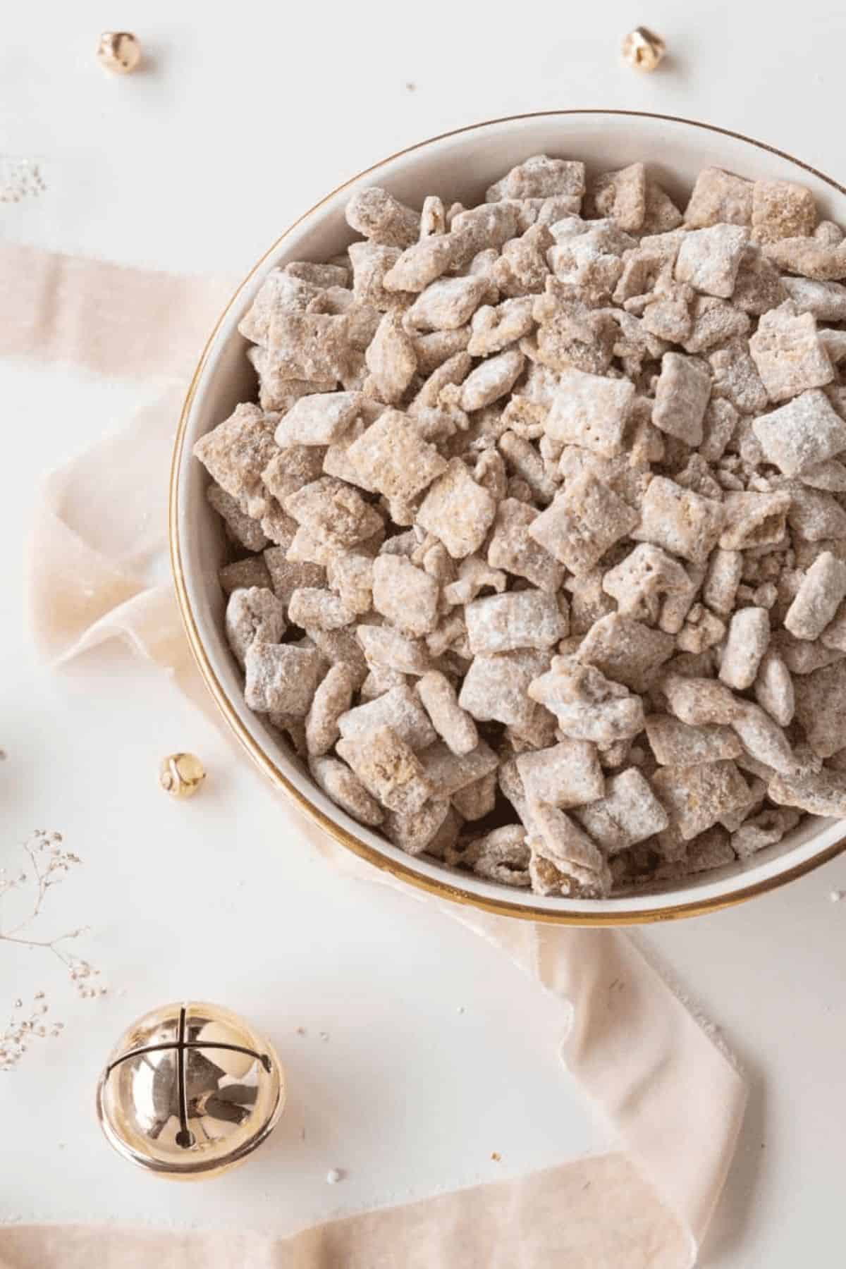 cookie butter puppy chow in bowl with decor