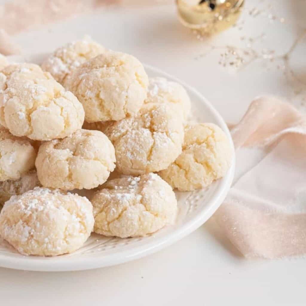 gooey butter cake cookies with ribbons and jingle bells