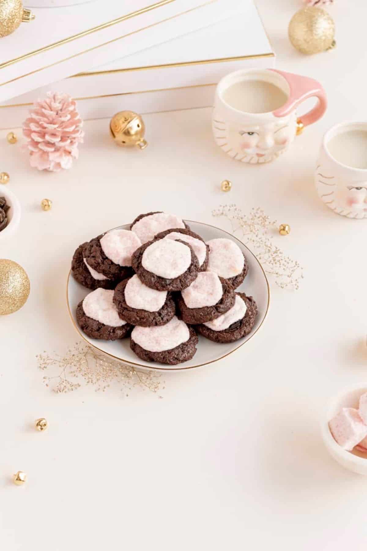 hot chocolate cookies on plate and holiday decor