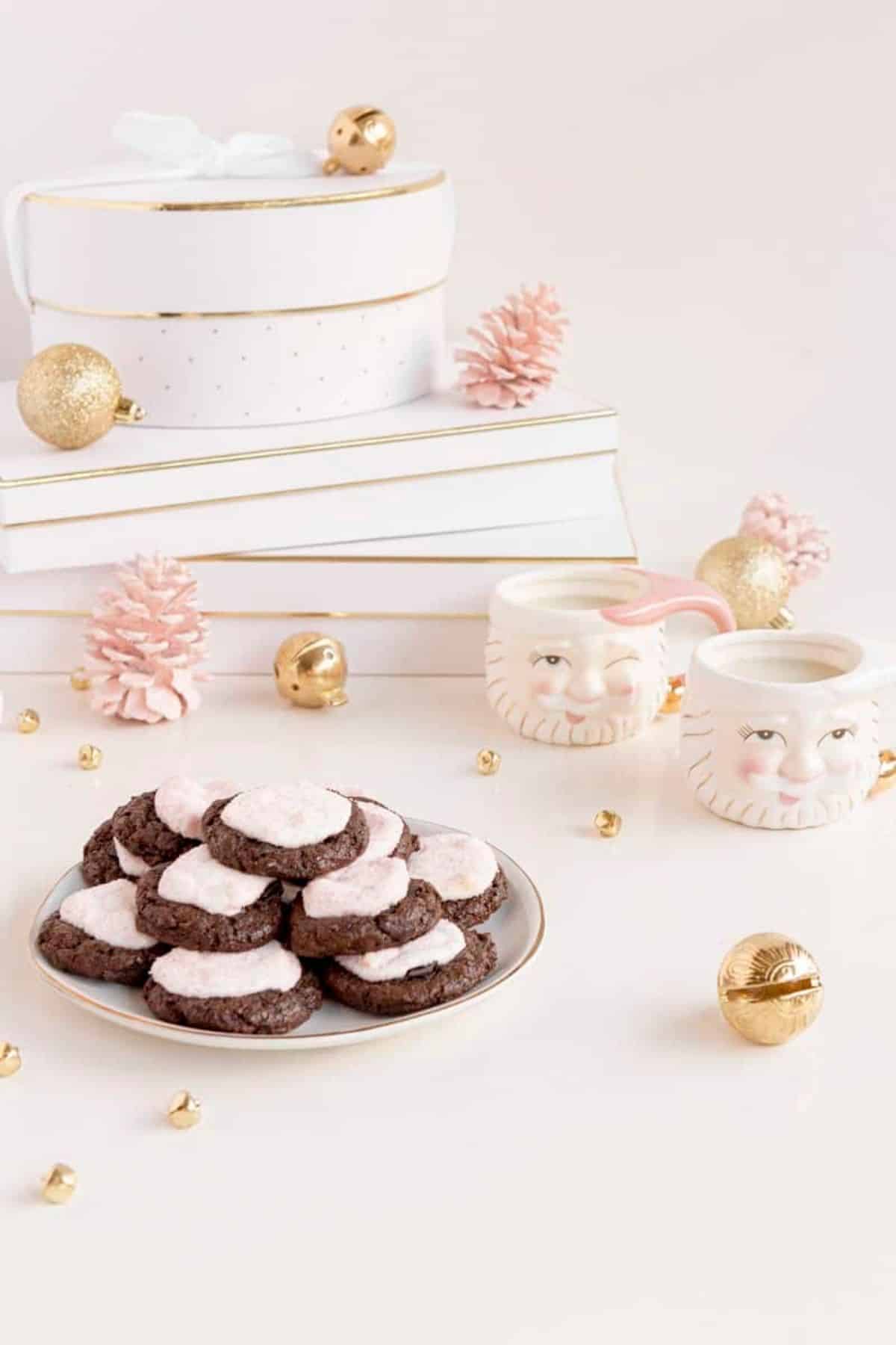 hot chocolate cookies on plate and holiday decor