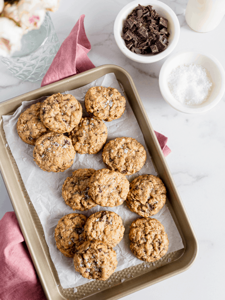 chewy oatmeal cookies on a sheet pan