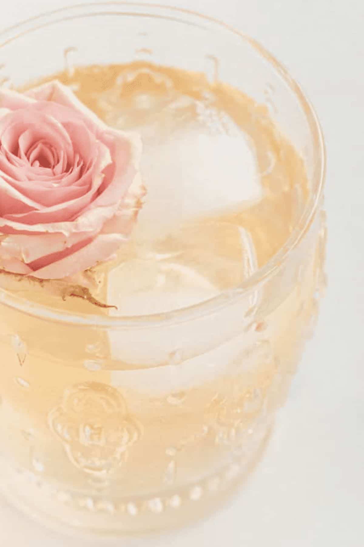 watermelon wine spritzer in a glass with ice and rose