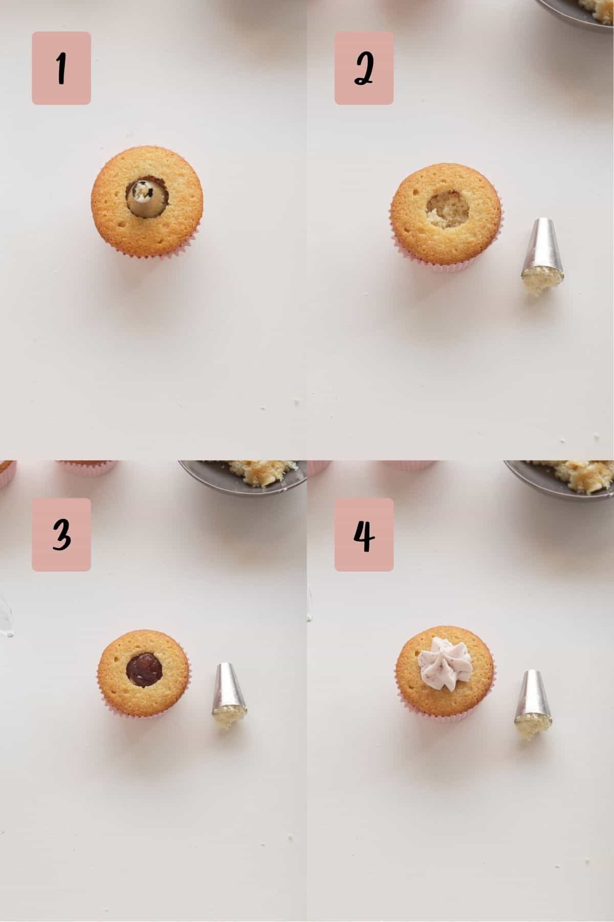 process of filling cupcake with strawberry jam