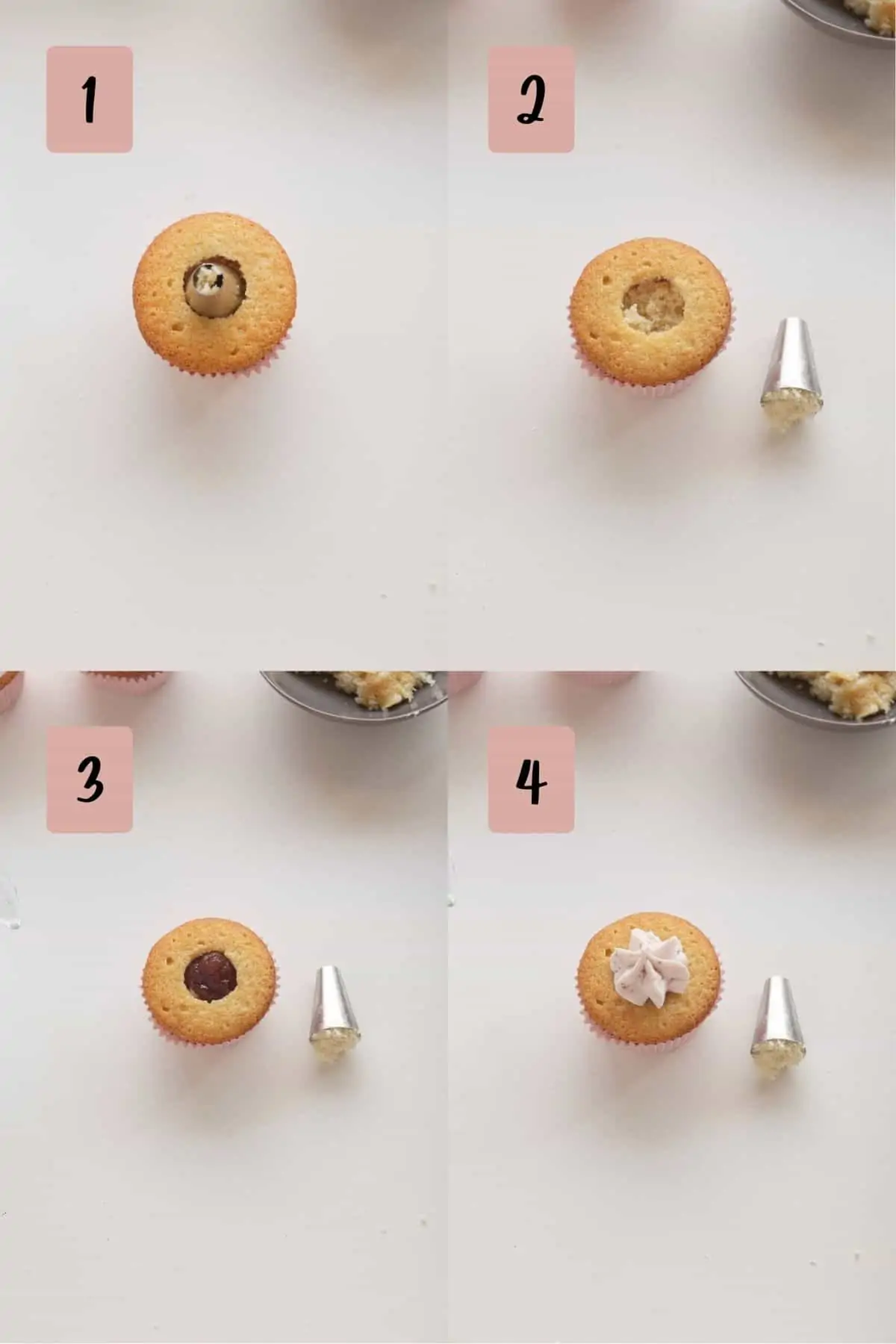 process of filling cupcake with strawberry jam