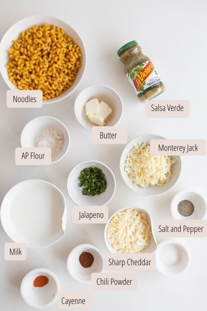 ingredients for a green salsa macaroni and cheese
