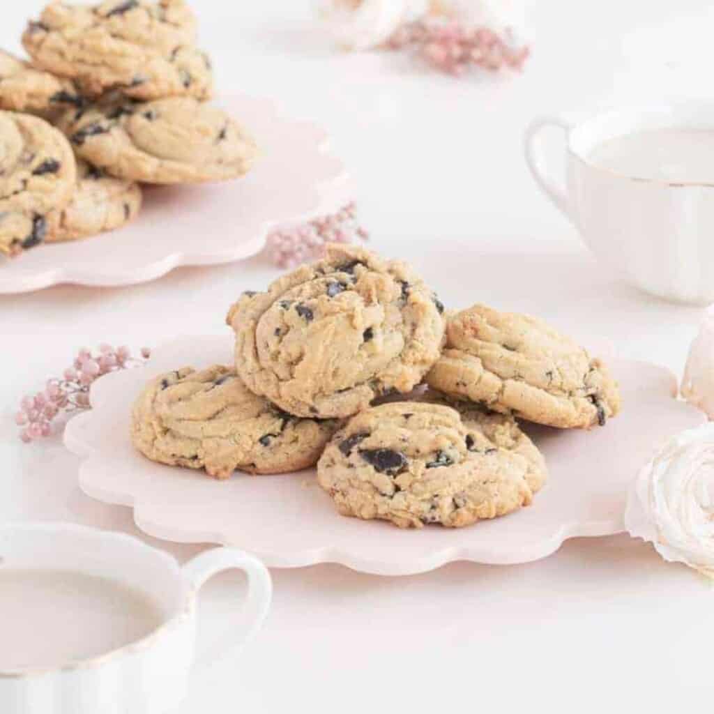 chocolate chip cookies on pink platter