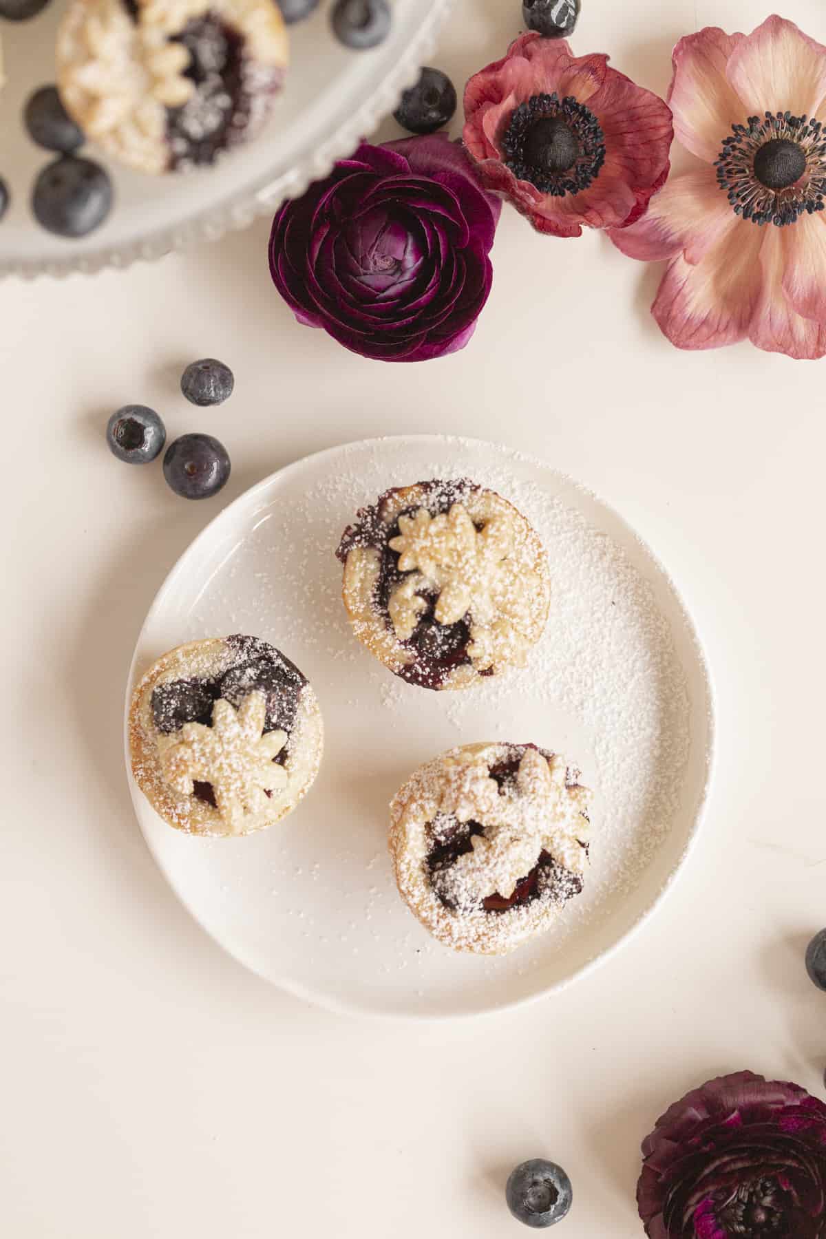 mini pies on a plate with powdered sugar