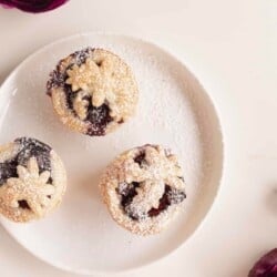 mini pies on a plate with powdered sugar