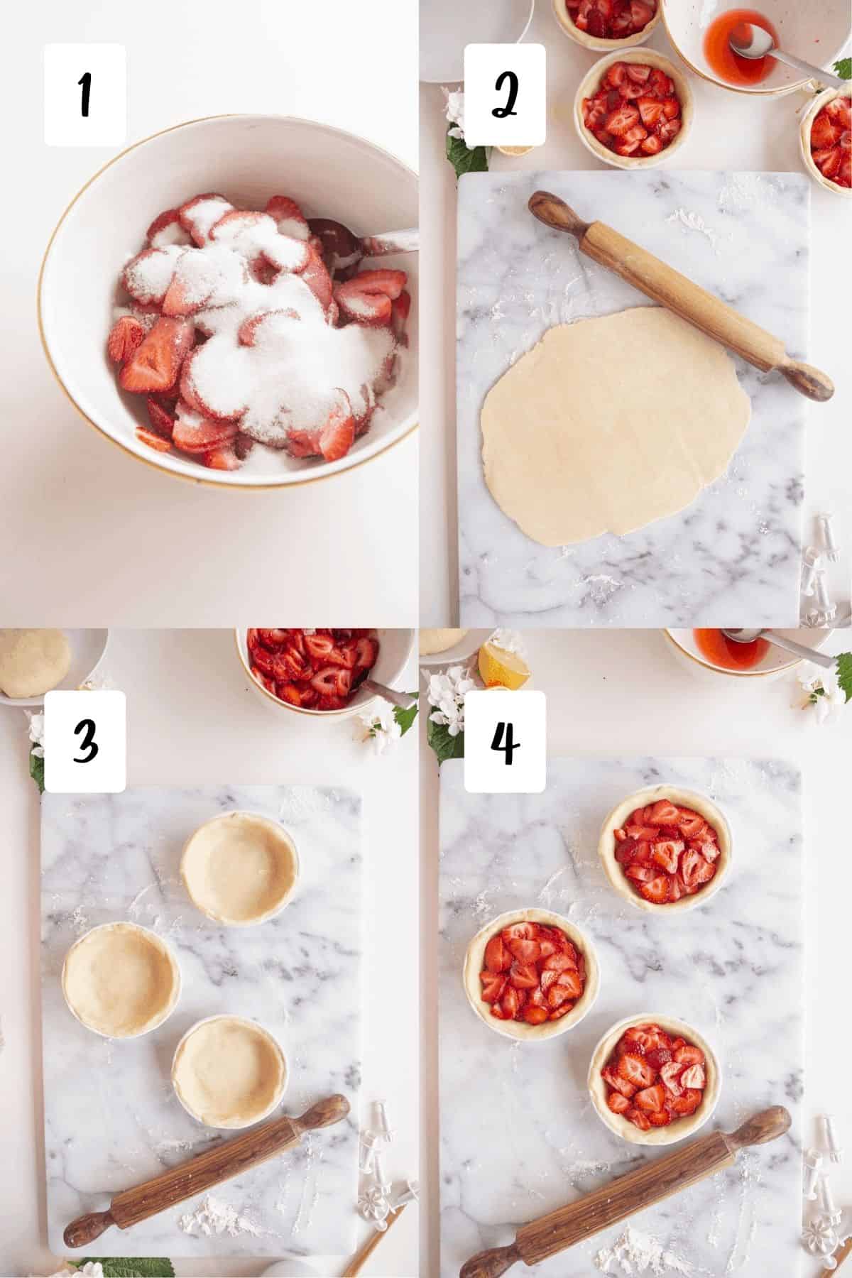 process of making strawberry pies - strawberries and sugar, rolling out pie dough, pie dough in pans, strawberries in pie pans