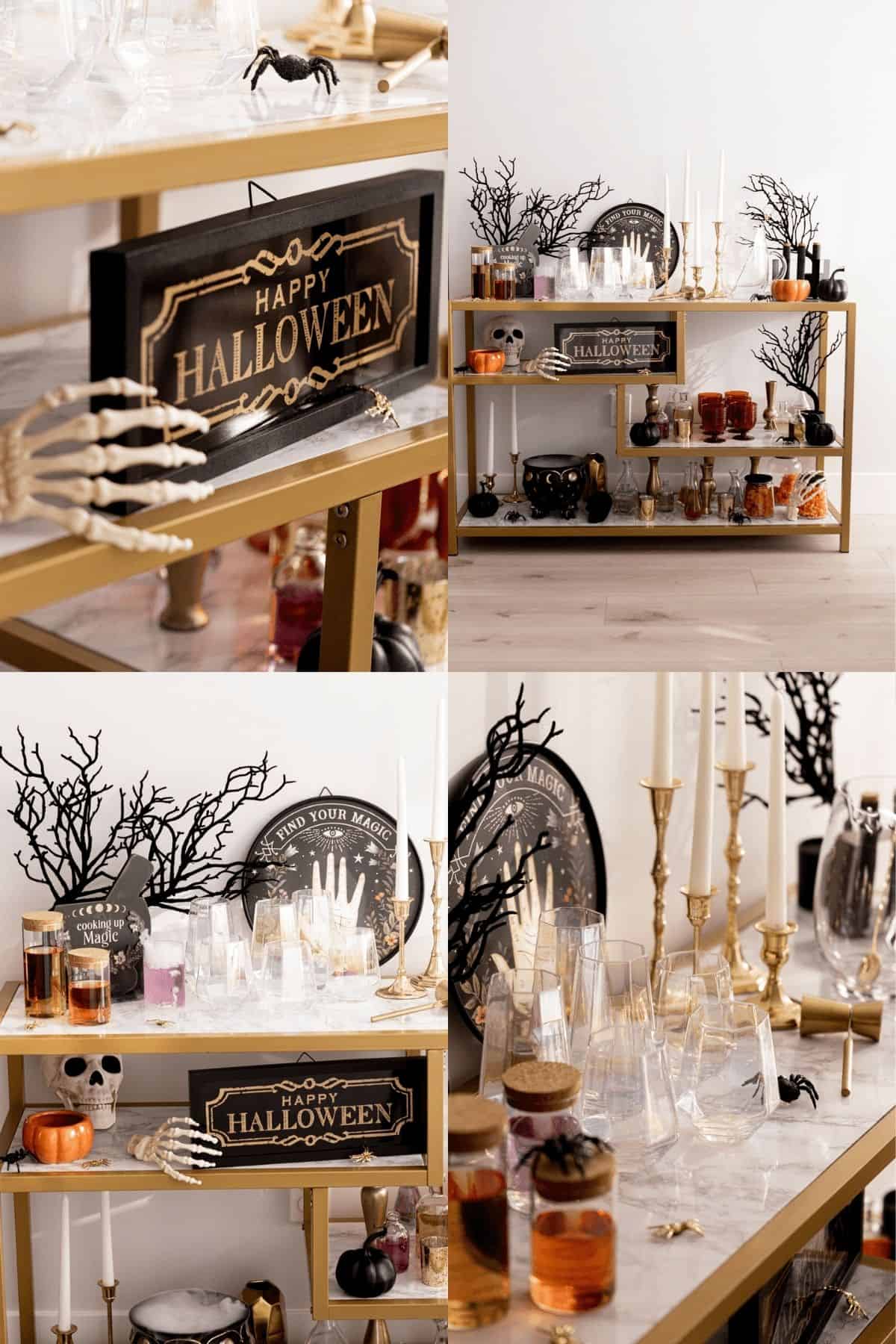 4 halloween bar cart images with potions, signs, and glassware