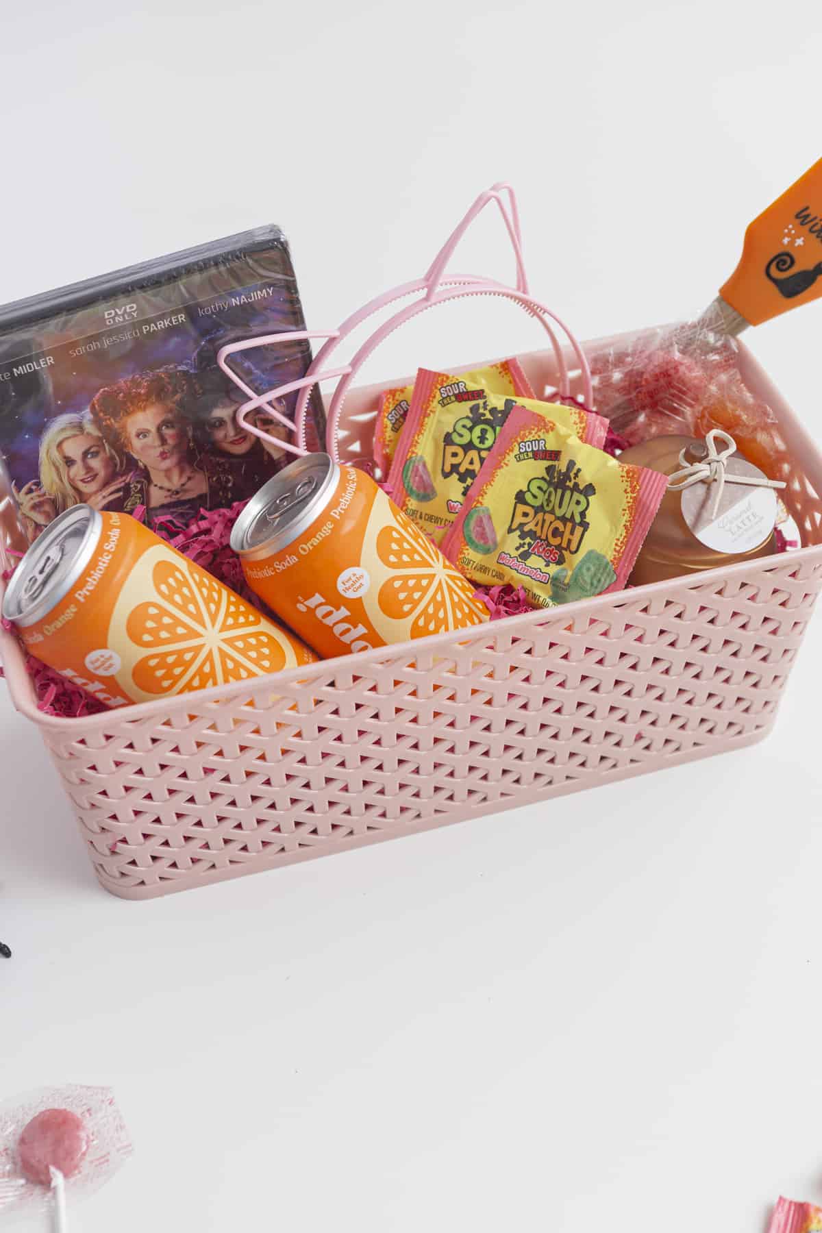 boo basket with soda, candy, cat ears, hocus pocus dvd
