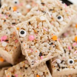 rice krispie treats with pink and orange sprinkles