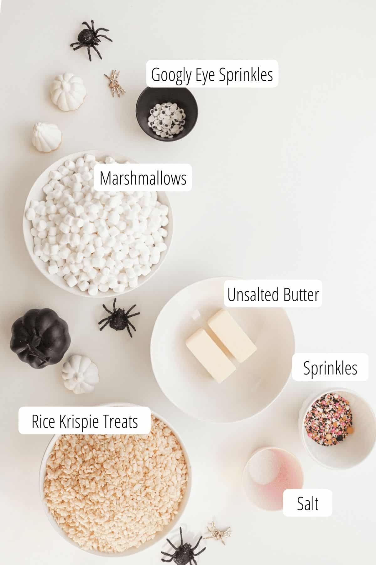 ingredients for halloween rice krispie treats ingredients in bowls