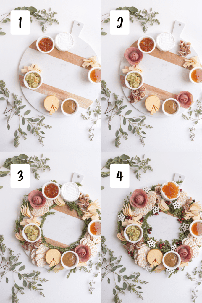 process shots for building up a cheese board wreath with numbers "1" "2" "3" "4"