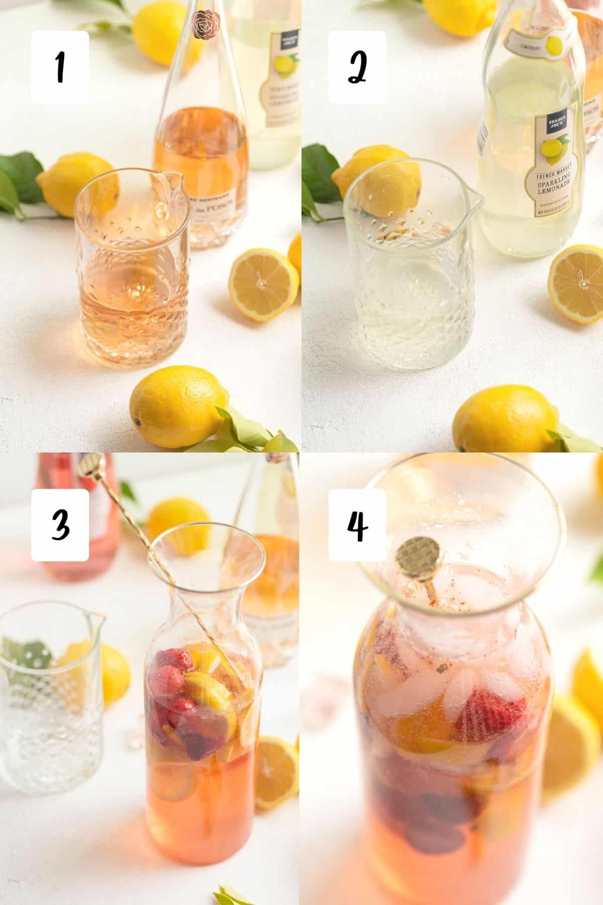 four step process photo of the step by step of making sangria in a pitcher