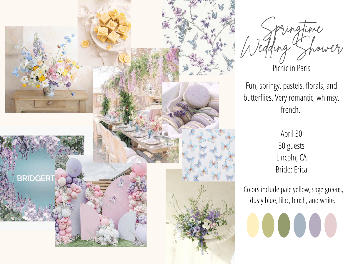 moodboard with inspiration photos, event details, and event colors